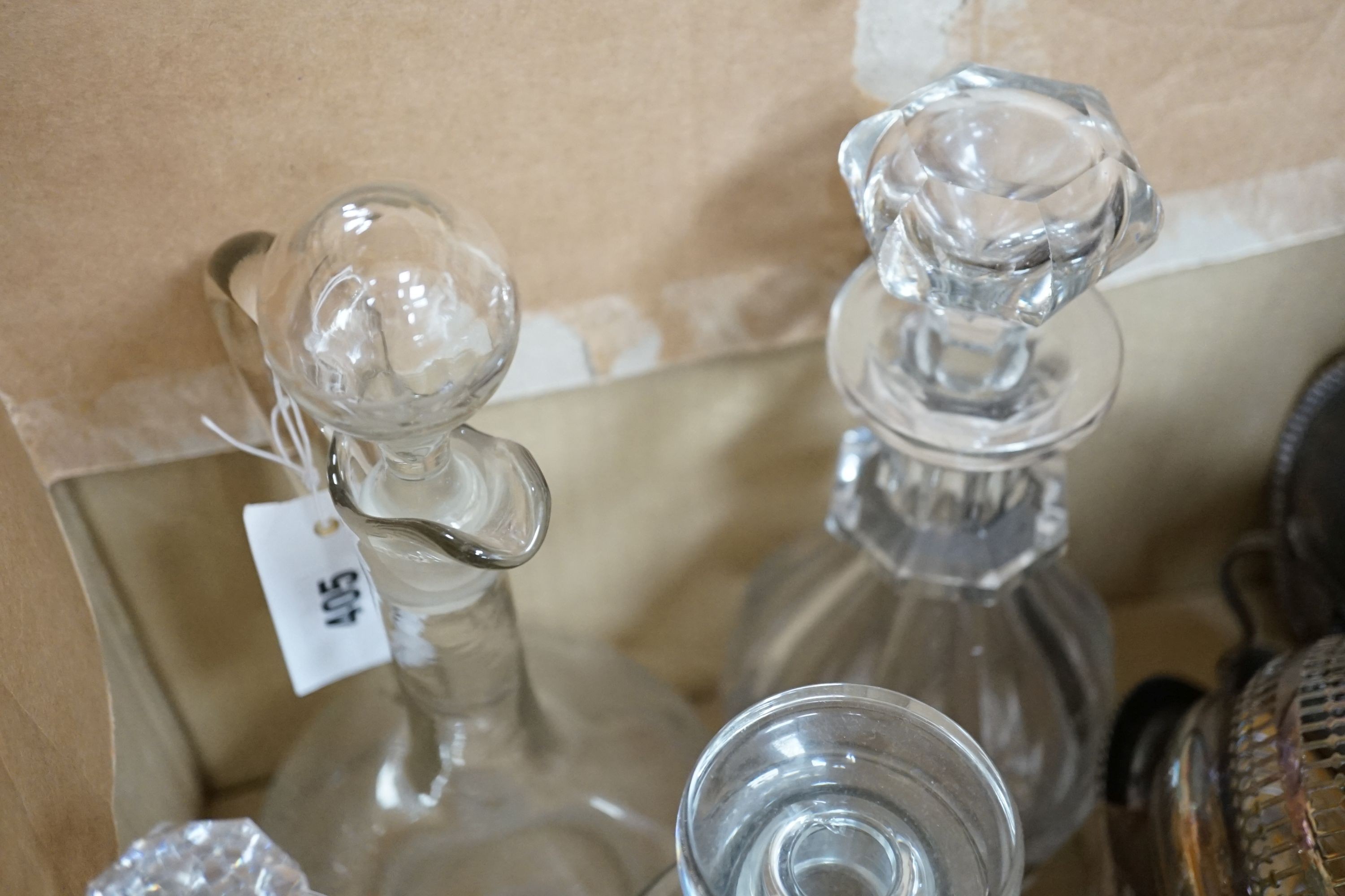Seven Victorian and later glass decanters and a small quantity of plated ware.